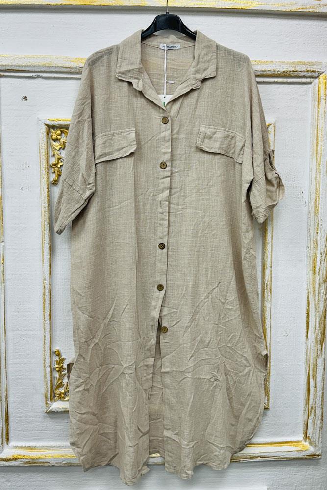 Plain Button Up Round Hem Cotton Long Shirt