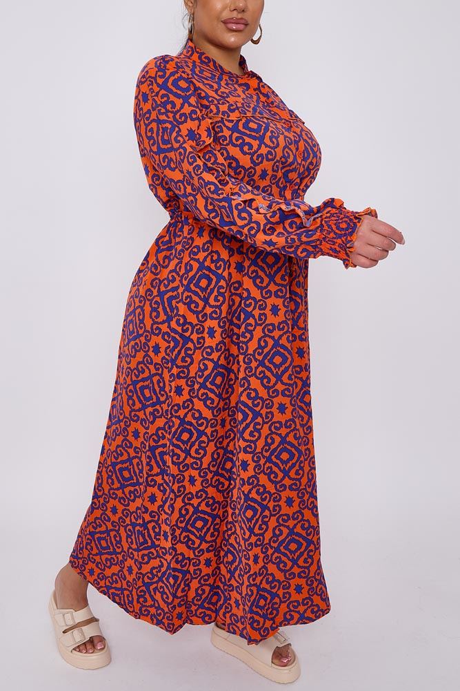 Aztec Print Shirred Cuff Drawstring Waist Dress