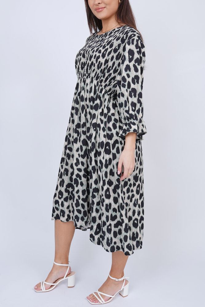 Leopard Print Shirred Dress