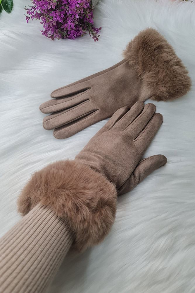 Plain Faux Fur Hem Soft Feel Gloves