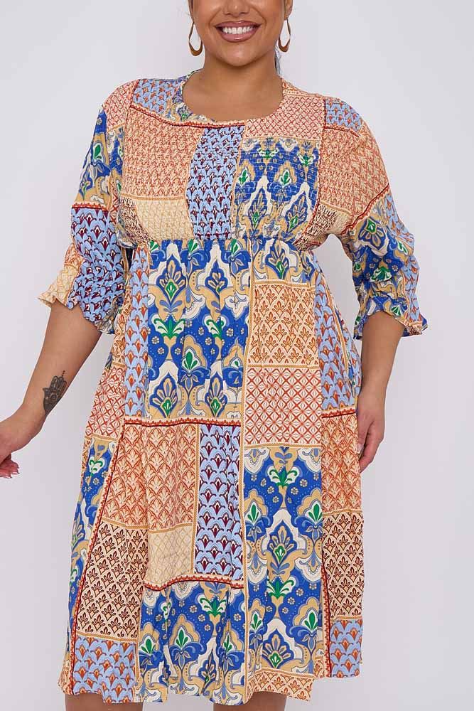 Geometric Print Shirred Dress