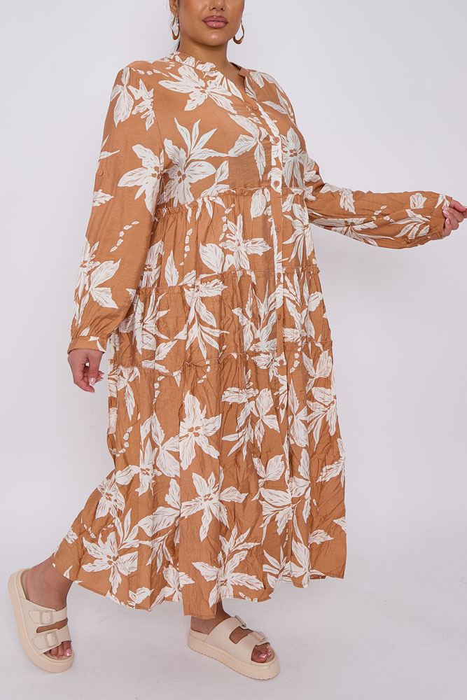 Lily Flower Print Tiered Button Up Dress