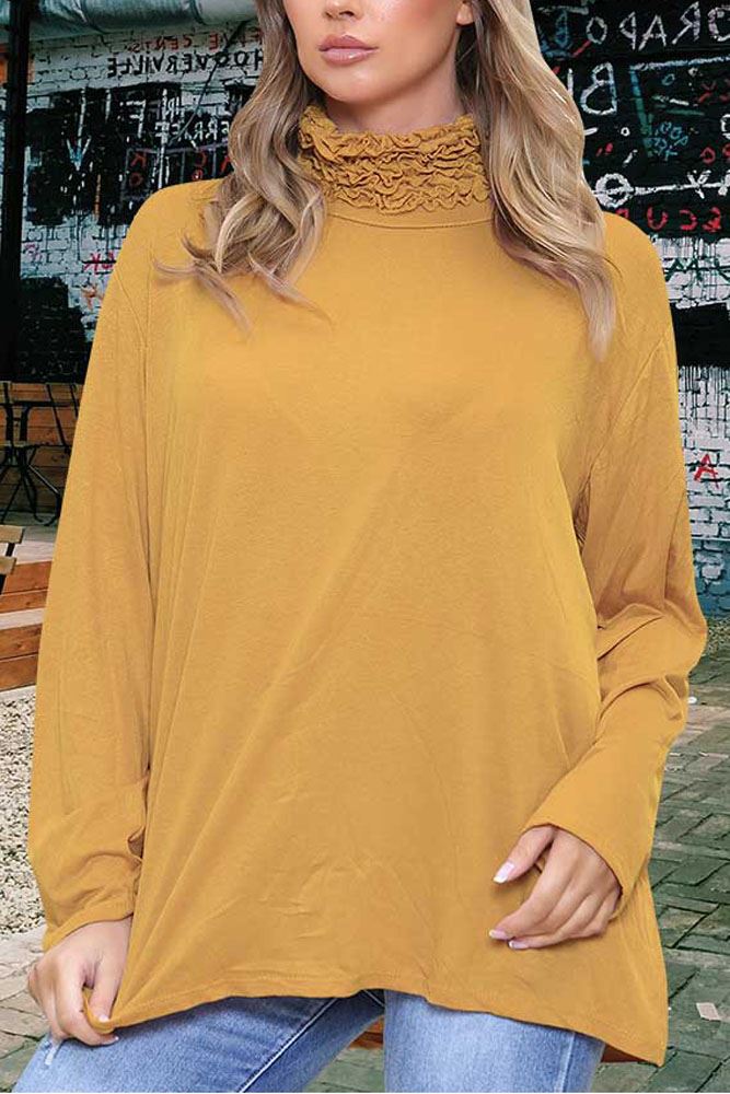 Plain Ruched Frill Roll Neck Tunic Viscose Top