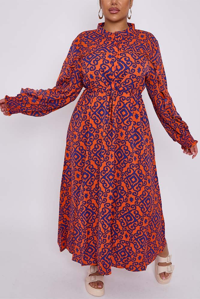 Aztec Print Shirred Cuff Drawstring Waist Dress