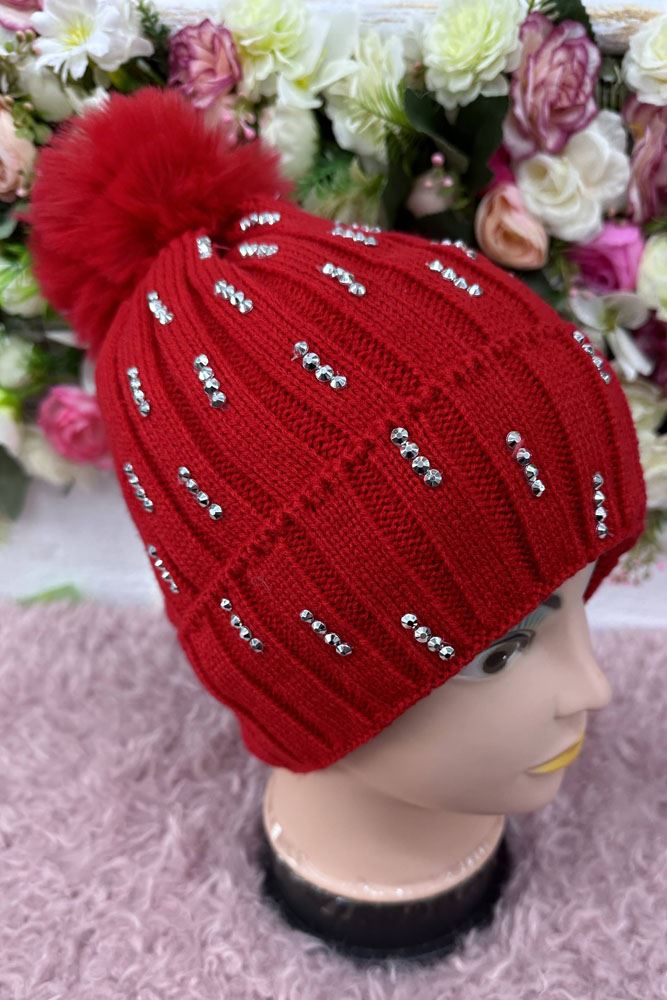 Beanie Diamante Pattern Knitted PomPom Acrylic Hat