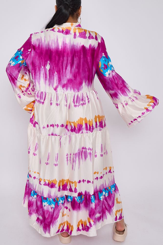 Tie Dye Print Button Up Tiered Flared Dress