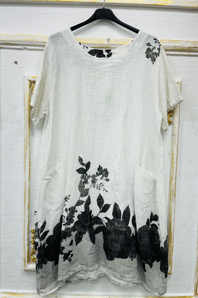 Black Floral Print Pockets Cotton Dress