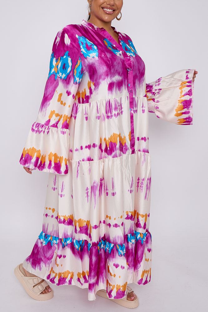 Tie Dye Print Button Up Tiered Flared Dress