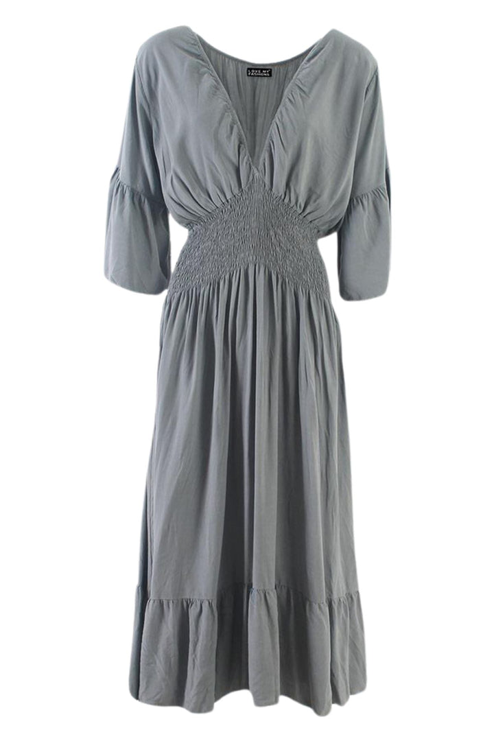 Plain Shirred Waist Flared Sleeves Maxi Dress