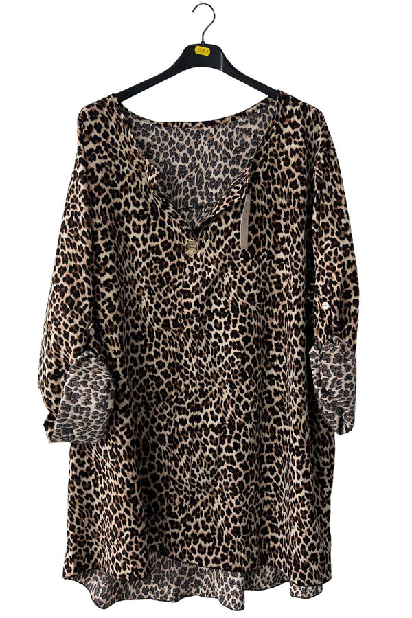 Leopards Print Button Detail Tunic Top