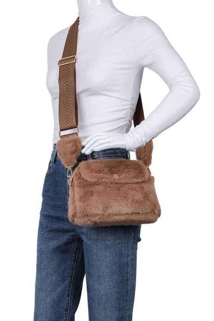 Wide Strap Faux Fur Shoulder Bag
