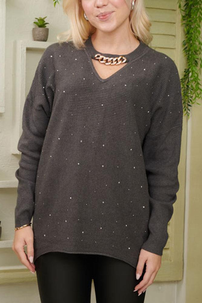 Diamante Chain Detail Knit Tunic Viscose Top