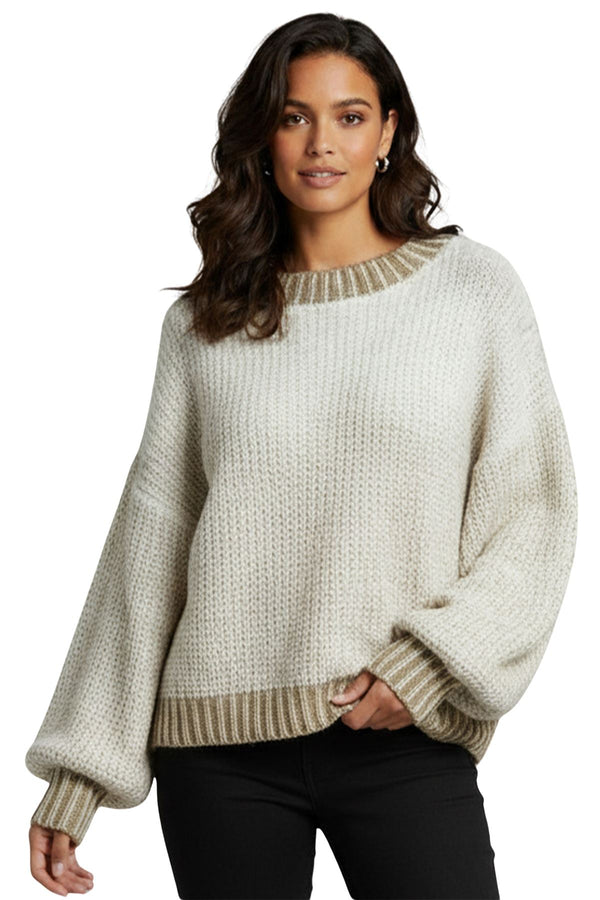 Plain Ribbed Trim Balloon Sleeve Knit Jumper