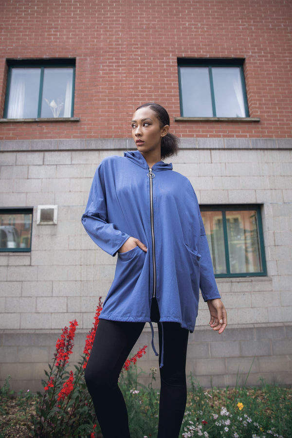 Plain Zip-Front Drawstring Hem Cotton Hoodie