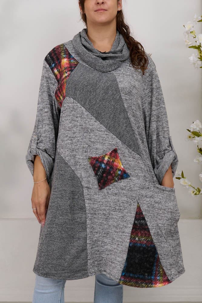 Multi Patch Work Pattern With Scarf Viscose Top