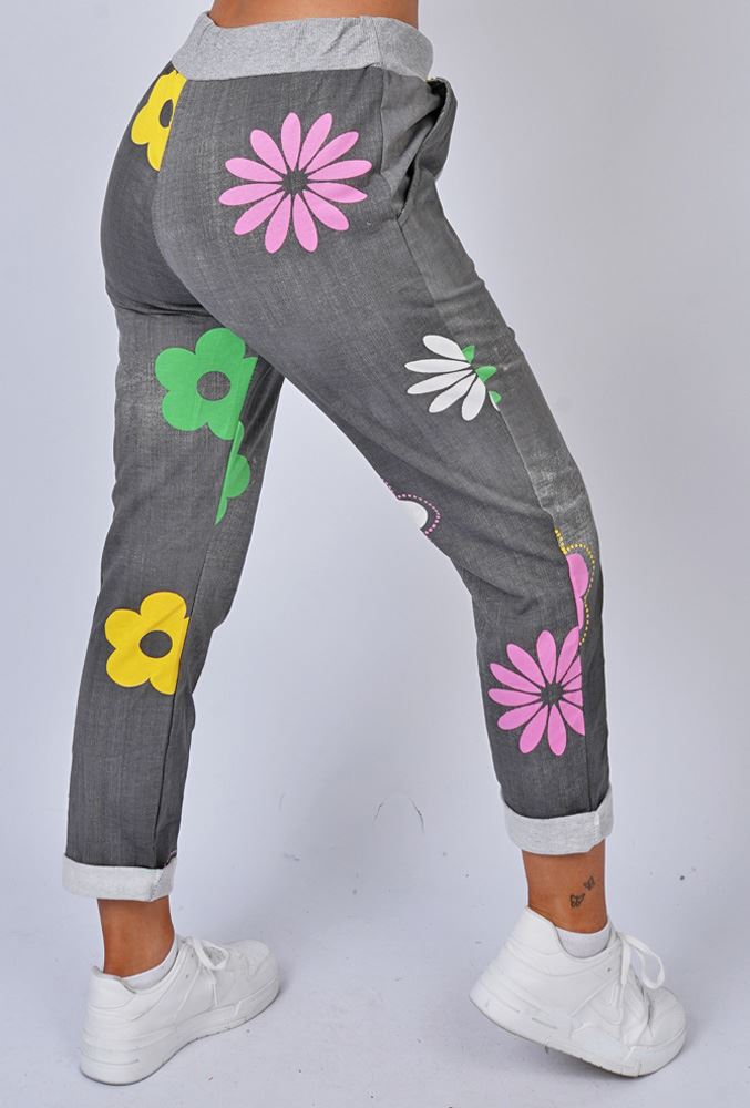 Daisy Flower Print Pockets Cotton Trousers