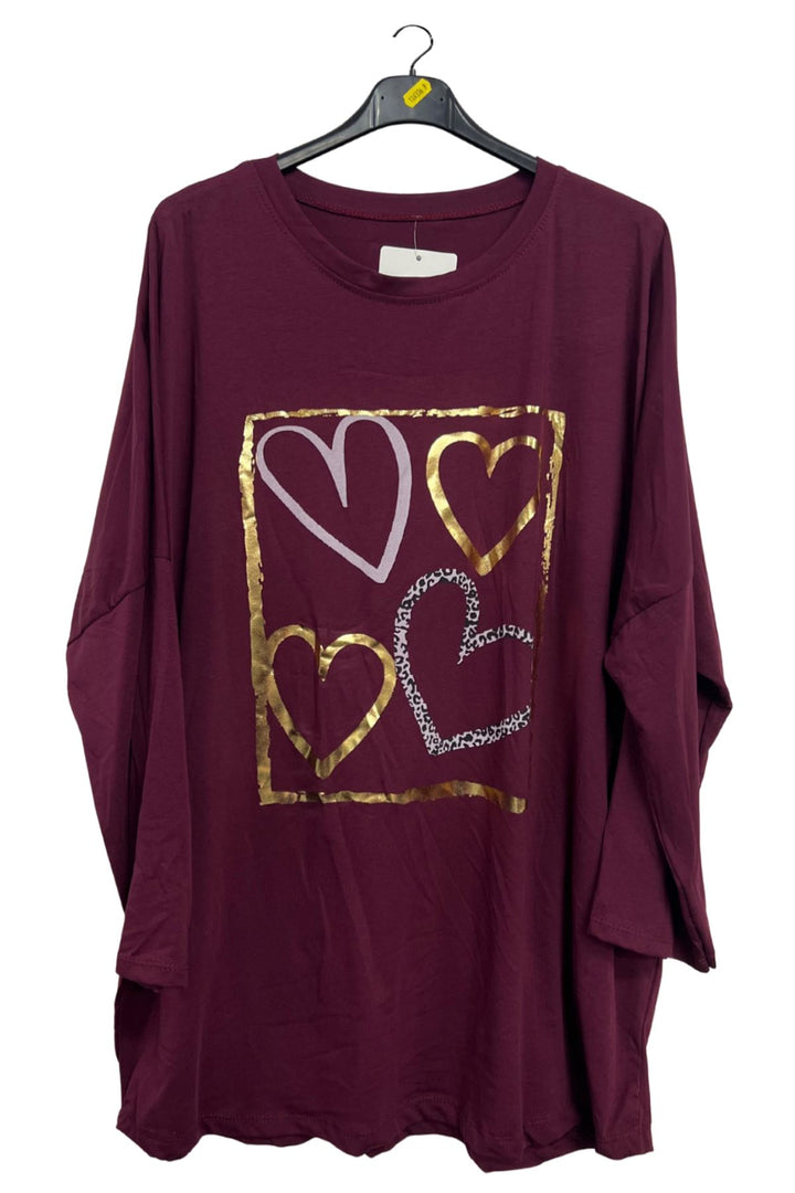 Metallic Foil Hearts Oversized longline Top