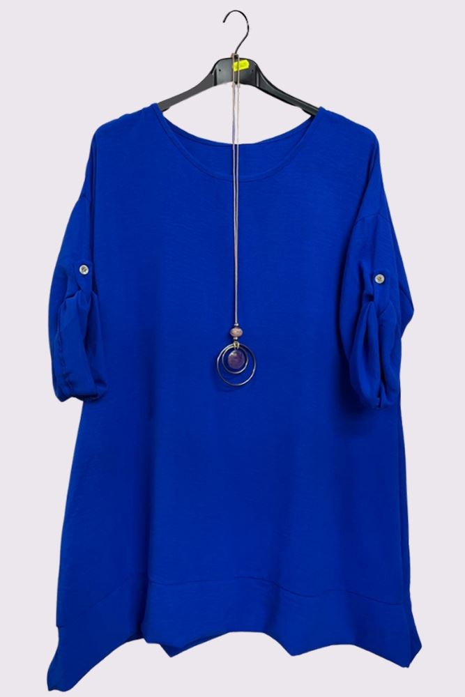 Blue Plain Textured Button Up Seleeves Top