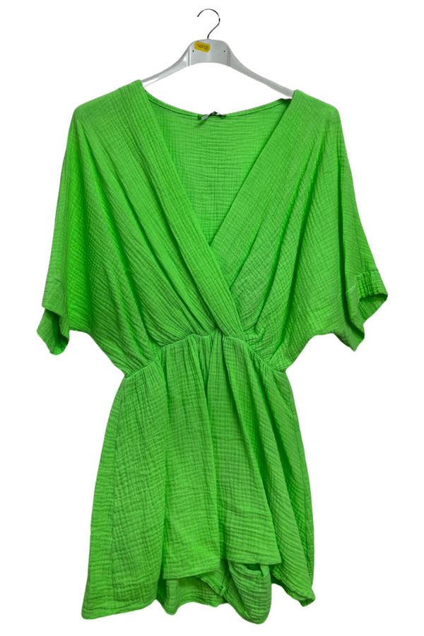 Plain Wrap Style Gathered Waist Cotton Dress