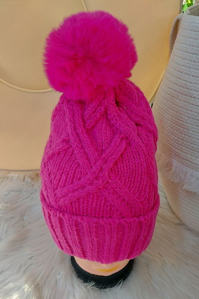 Twist Knit Pattern PomPom Beanie Hat