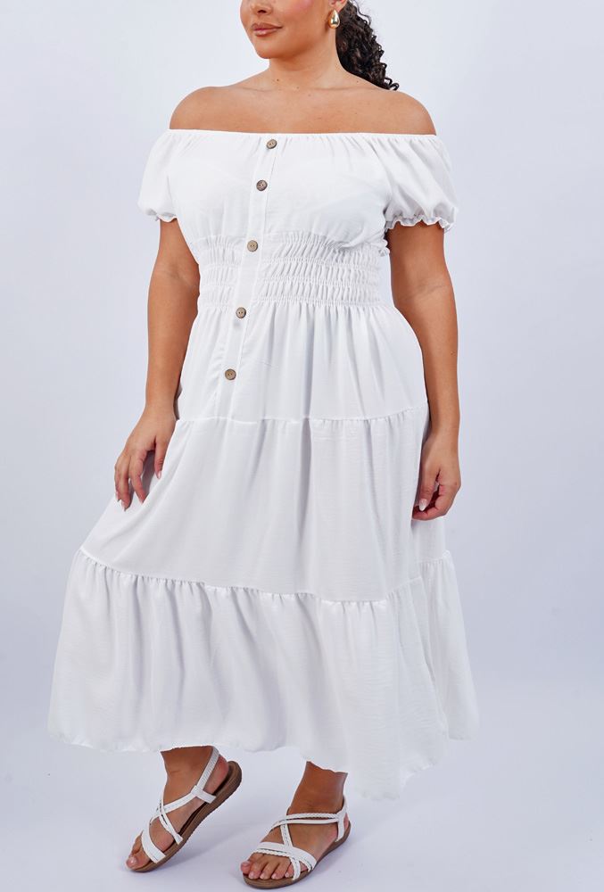 Plain Shirred Waist Tiered Dress