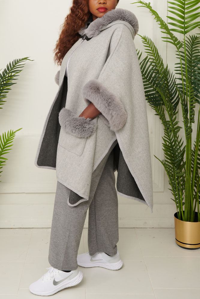 Plain Faux Fur Trim Pocket Poncho