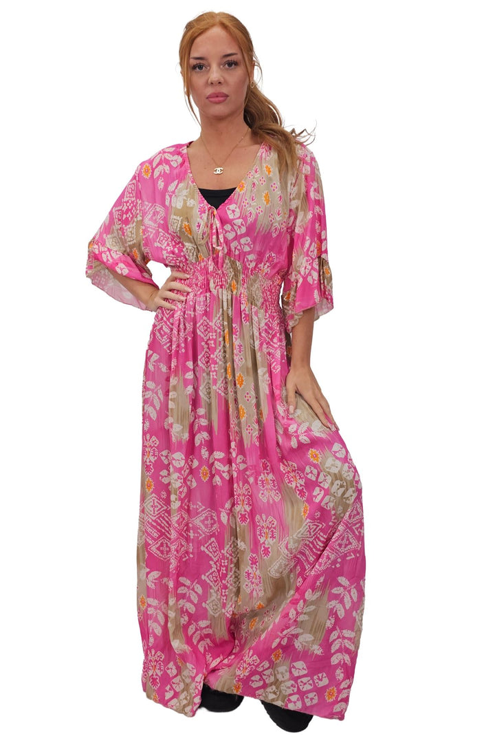Leaves Print Gathered Waist Dress