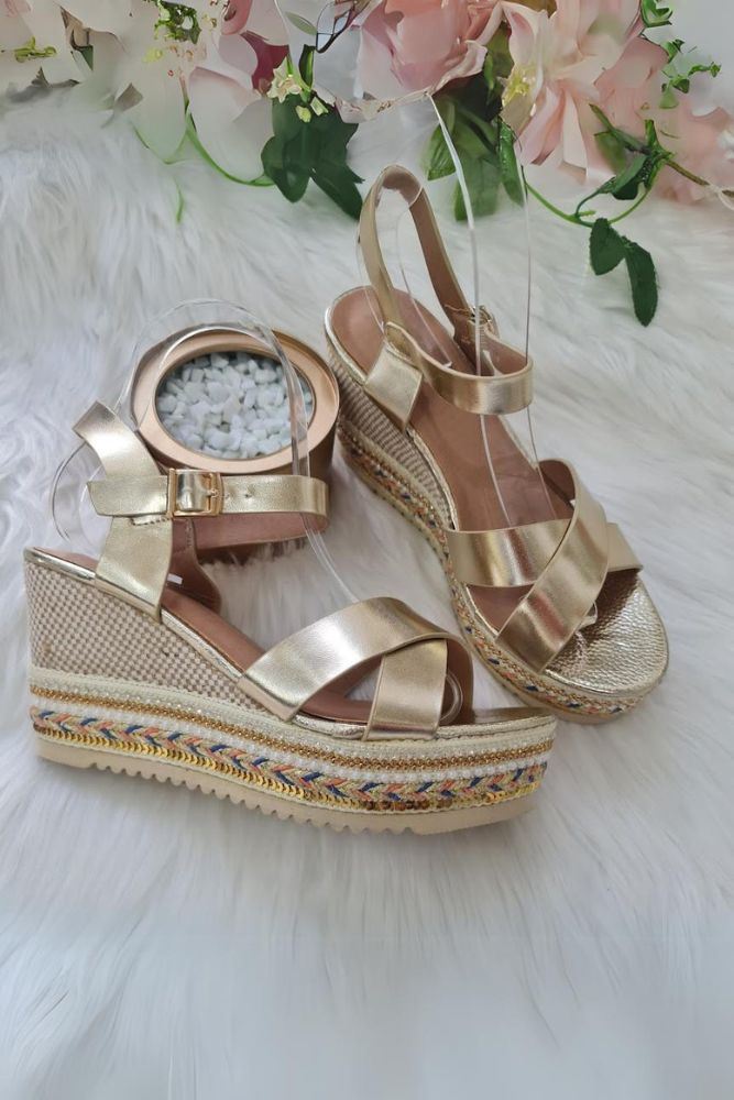 Leather Crossover Strap Lace Lined Wedge Sandal
