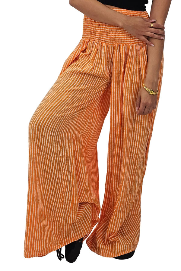 Vertical Stripes Print Smocked Waistband Wide Leg Cotton Palazzo