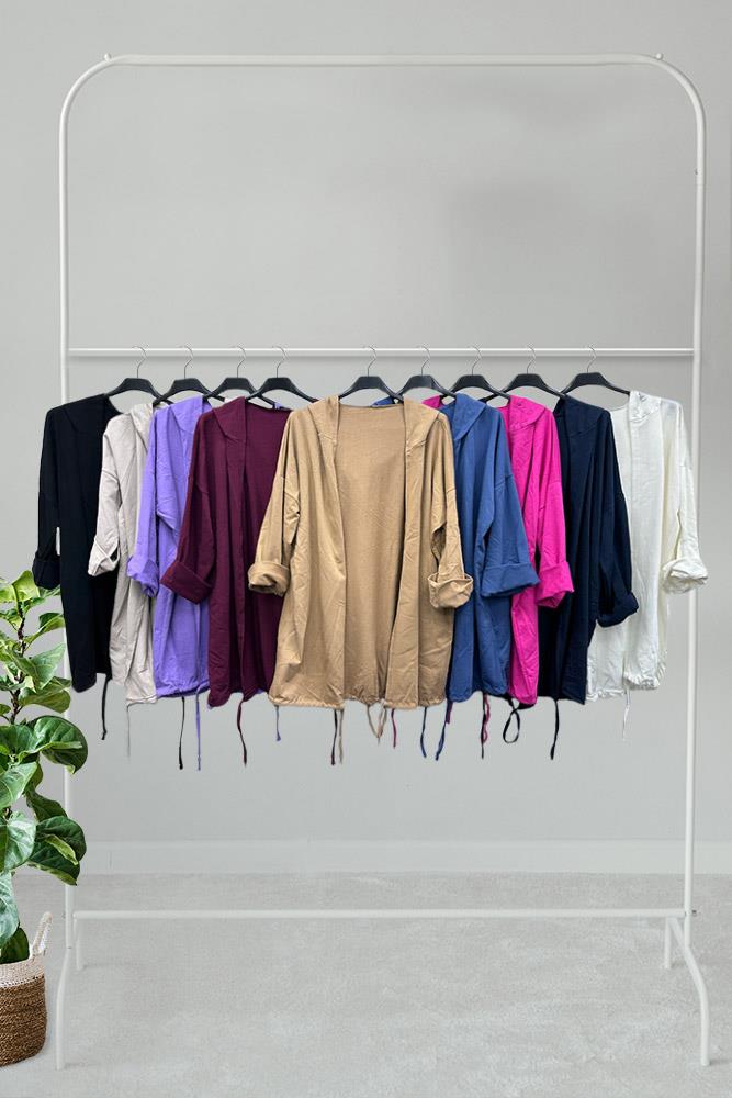 Plain Drawstring Hem Cotton Cardigan