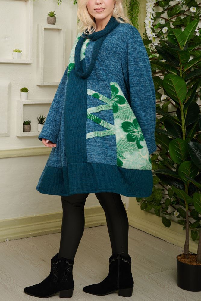 Floral Patch Print With Scarf Knitted Viscose Top