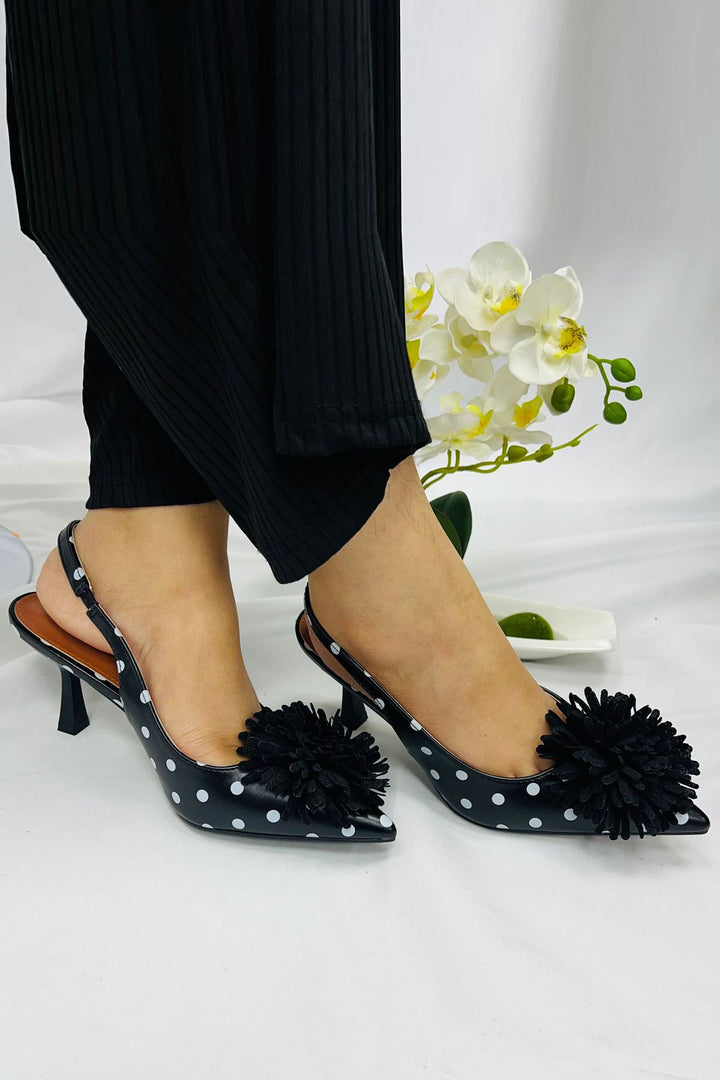 Polka Dot Floral Accent Pointed Toe Sandal
