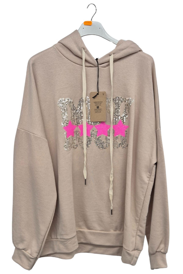 Sequin Rock Star Motif Oversized Hoodstring Cotton Hoodie