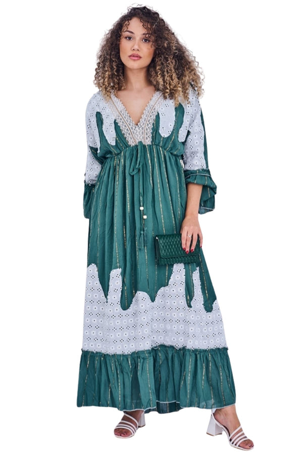 Gold Stripe Cut Out Patch Pattern Maxi Long Sleeve Boho Style Dress
