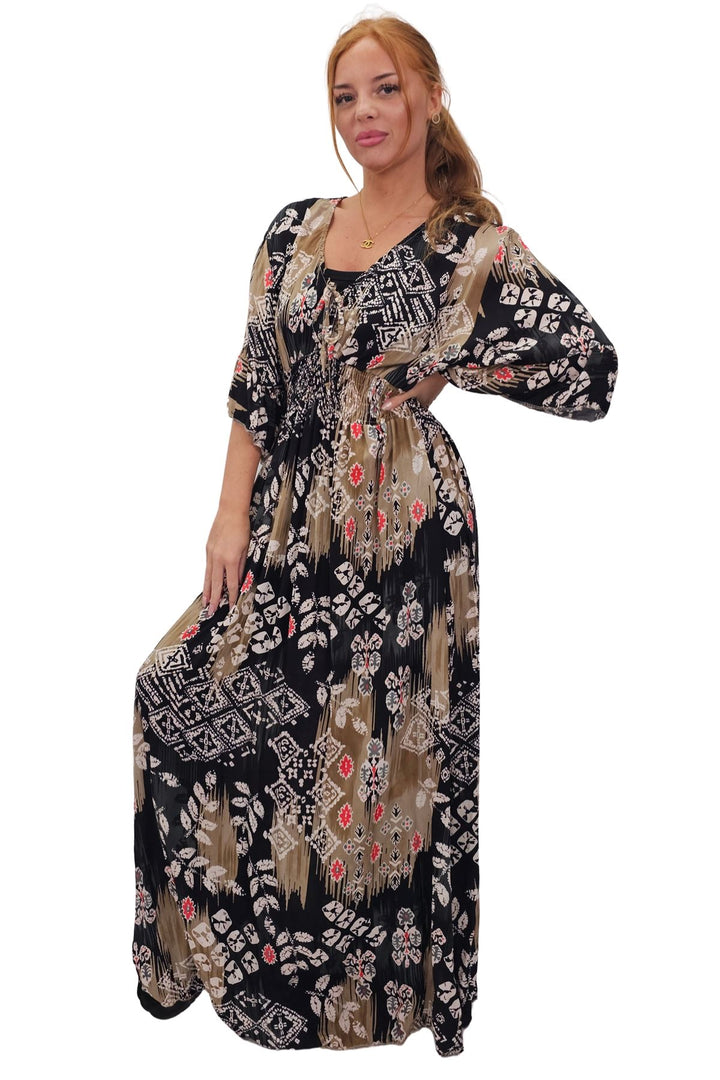 Leaves Print Gathered Waist Dress