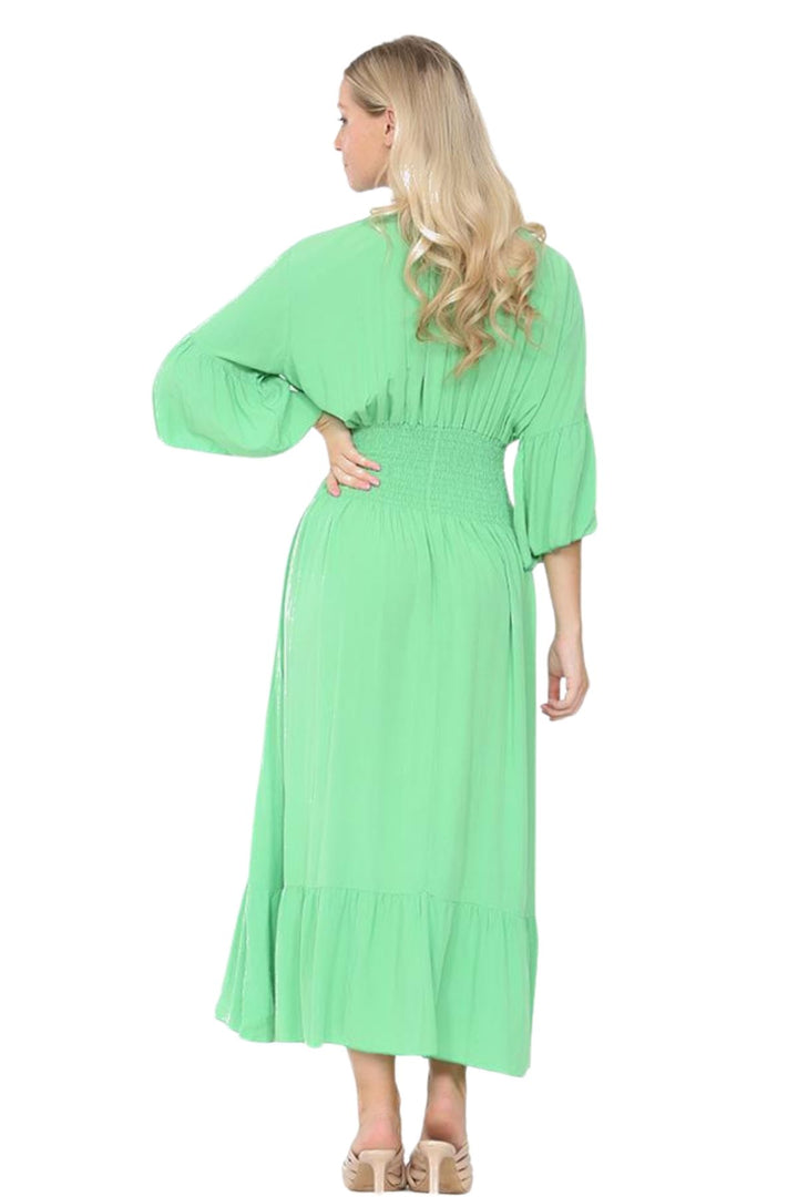 Plain Shirred Waist Flared Sleeves Maxi Dress