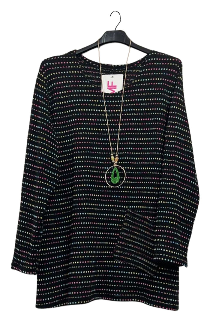 Multicoloured Dots Pattern Soft Knit Front Pocket Top
