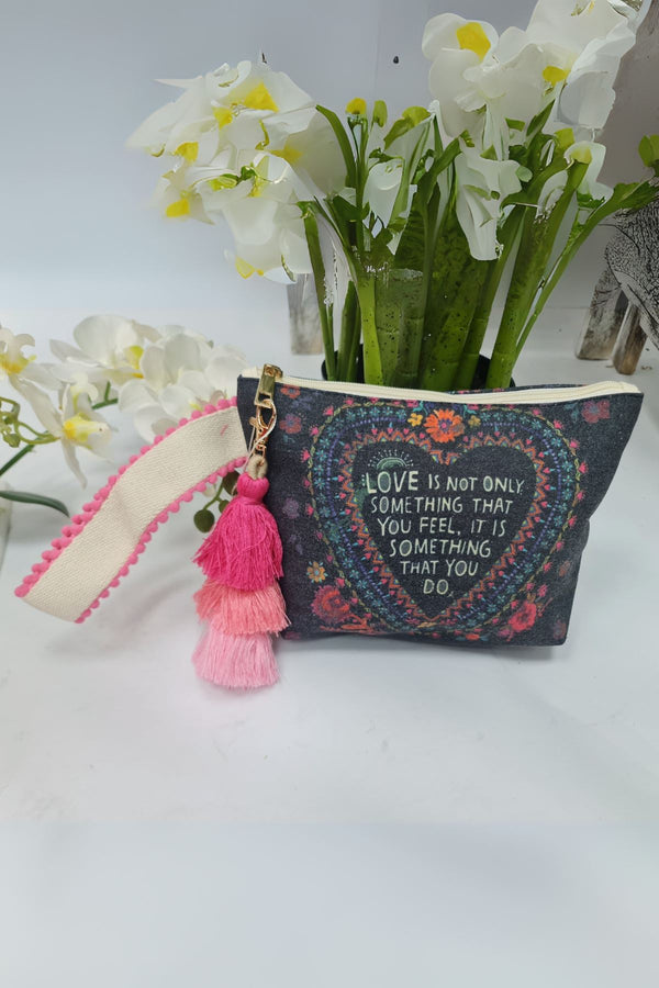 Embroidered Heart Quote Tassel Hand Bag
