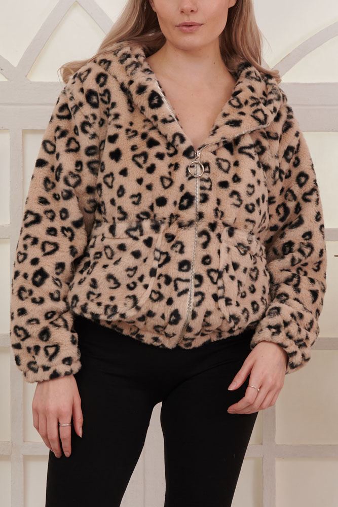 Leopard Print Zip Up Soft Feel Faux Fur Jacket