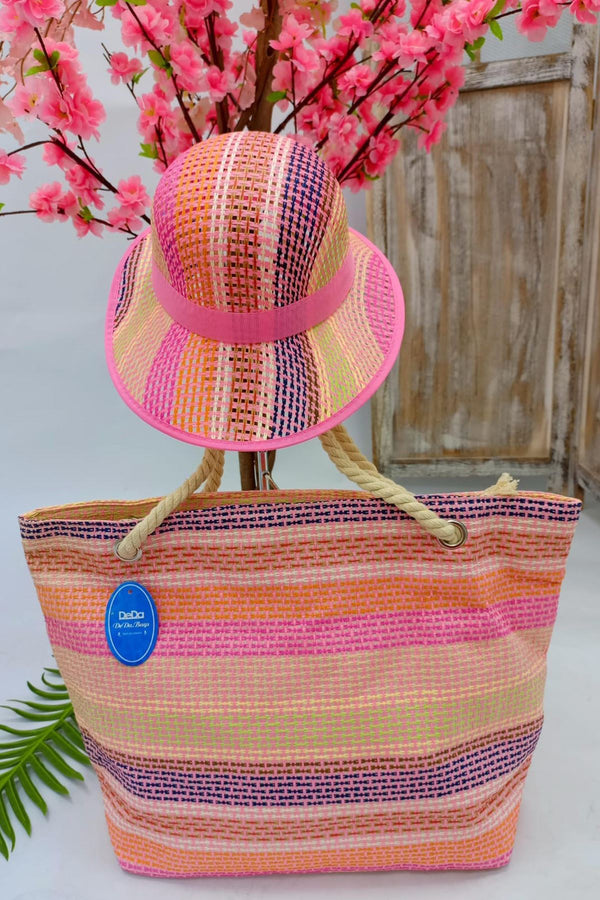 Woven Beach Tote Bag with Matching Hat Bag