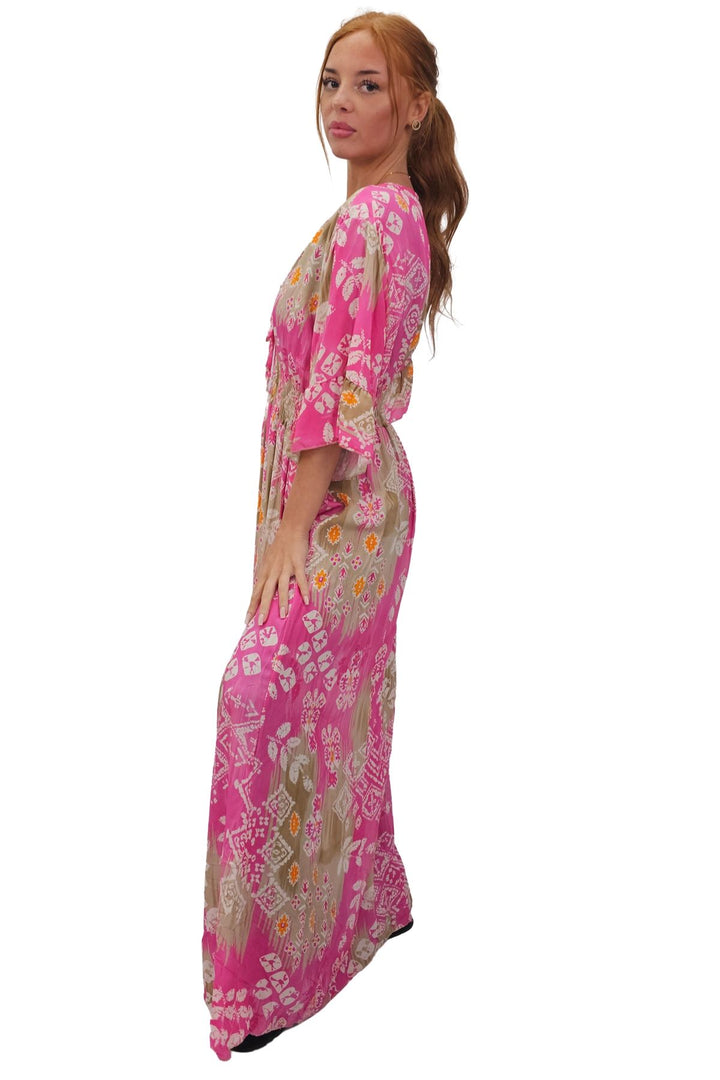 Leaves Print Gathered Waist Dress