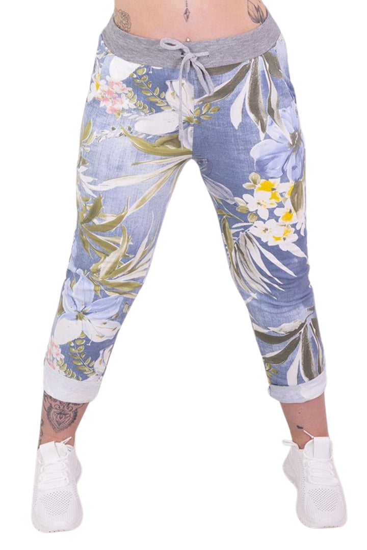 Cotton Tropical Floral Print Drawstring Trousers