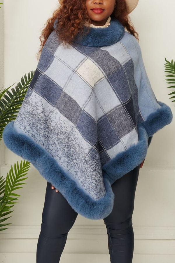 Check Pattern Faux Fur Poncho