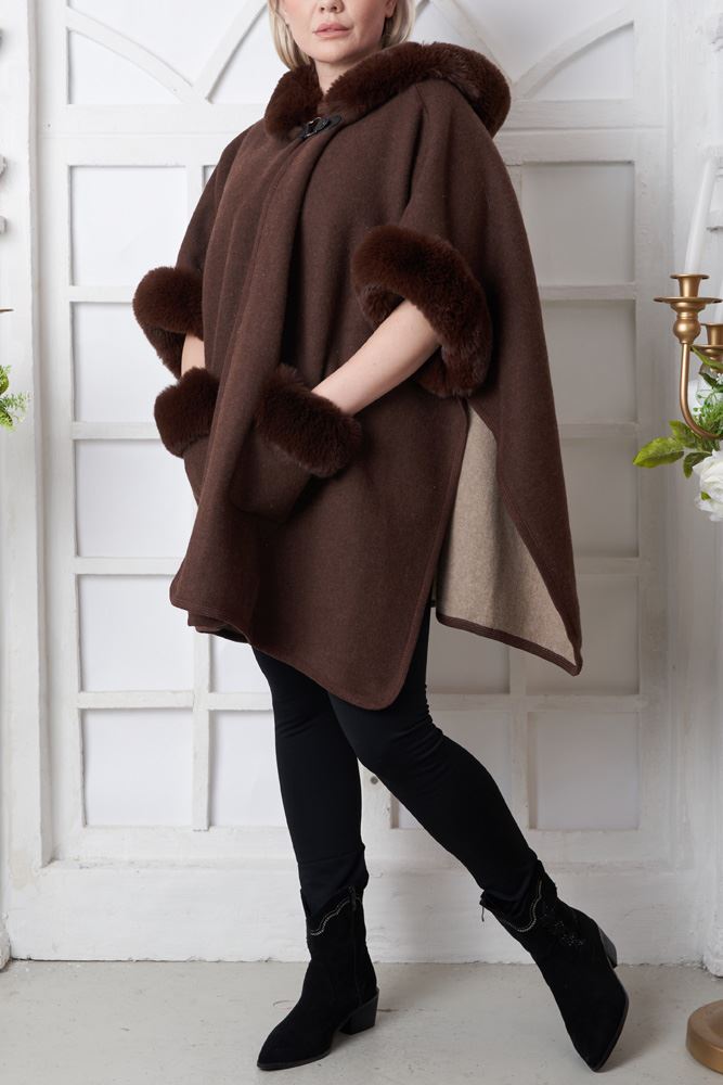 Plain Faux Fur Trim Pocket Poncho