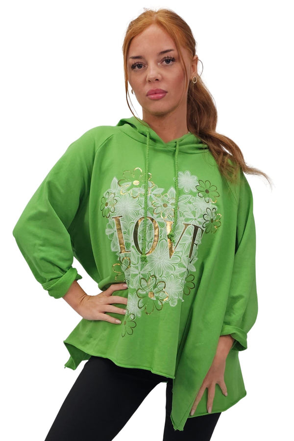 Love Flower Foil Print String Hoody High Low Hem Cotton Hoodie