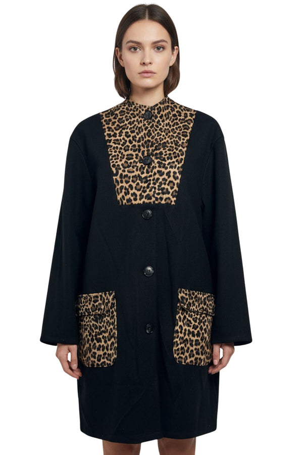 Leopard Print Button-Up Front Two Pockets Coat