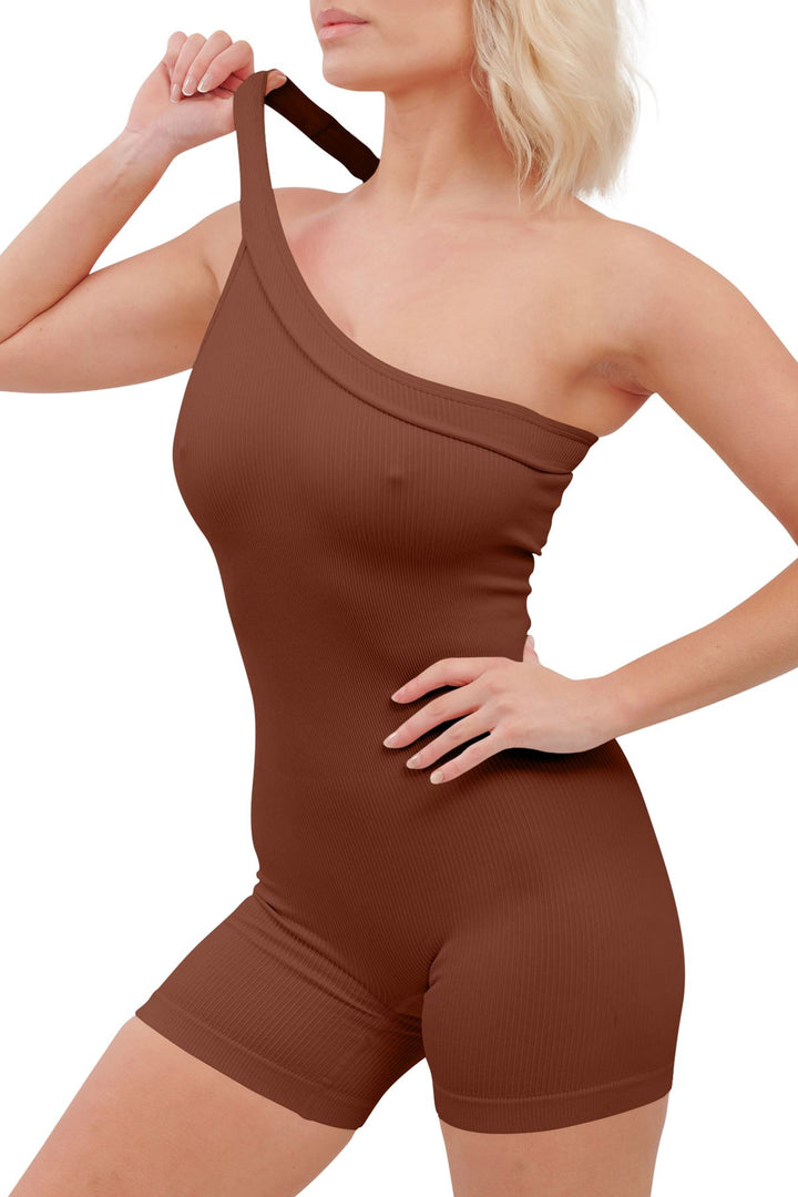 Special Price Plain One Shoulder Seamless Ribbed Nylon Jumpsuit