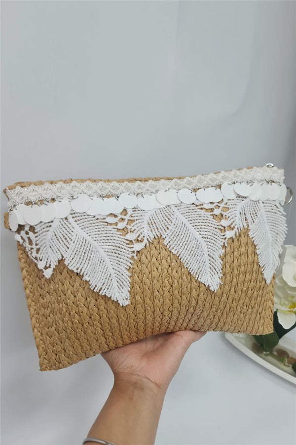 Crochet Leaf Trim Sequin Detail Clutch Bag