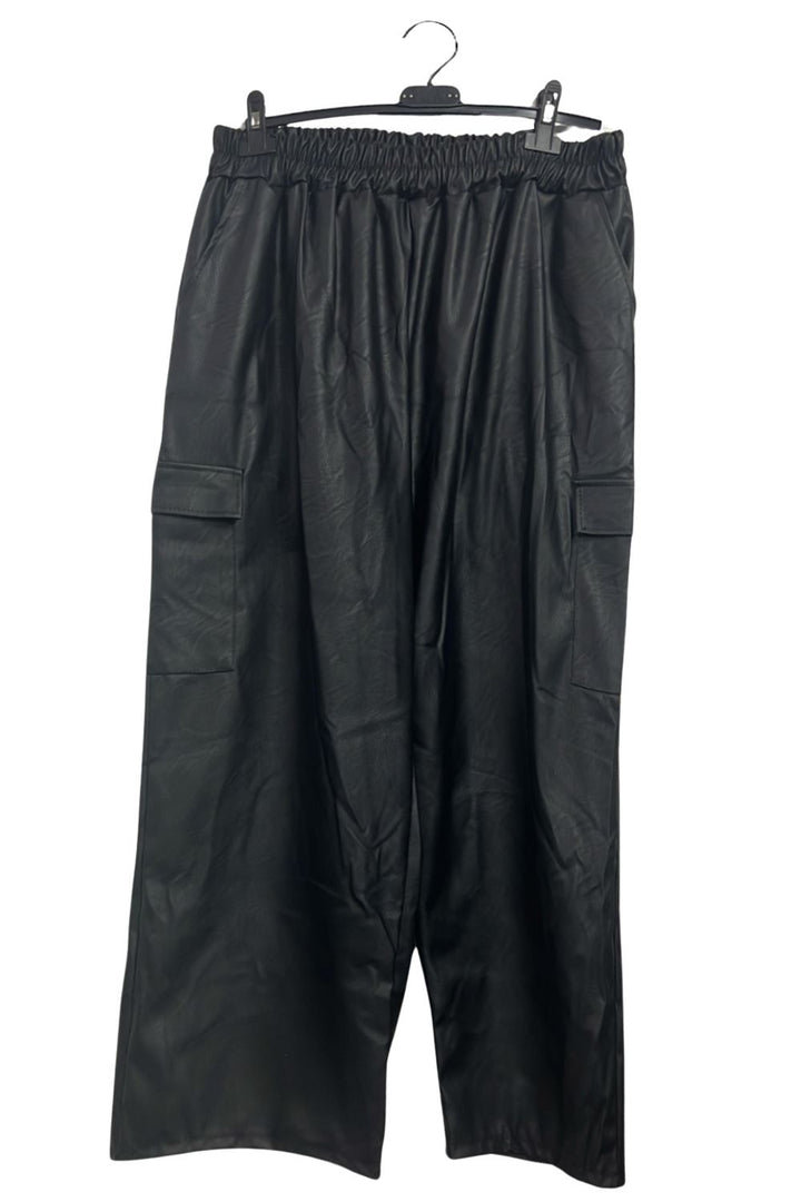 Plain Faux PU Leather Wide Leg Cargo Trousers
