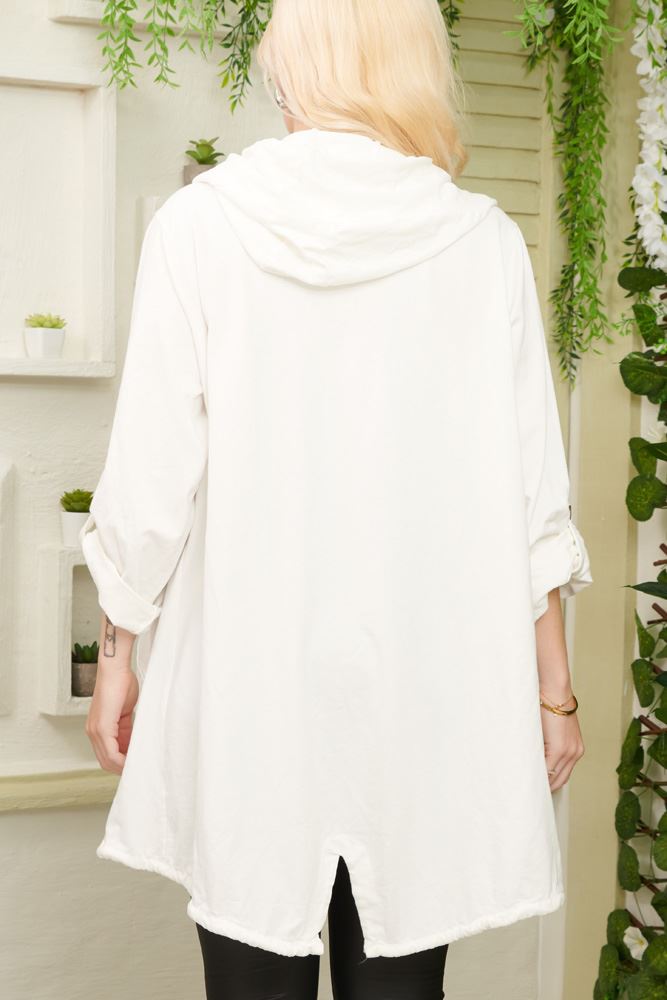 Plain Open Front Hooded Cotton Cardigan